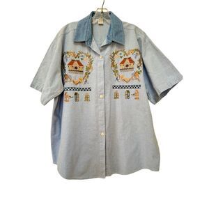 Women’s L 100% cotton blue denim button up 90s top embroidered birdhouse bird ga